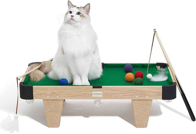 VETRESKA 4 in 1 Cat Toys Mini Pool Table, Gift for Cats, Feather Wand Toy Cat Billiard Ball Puzzle Toy, Pool Table with Scratching Post, Cat Interactive Exercise Play Rest Beds & Furniture
