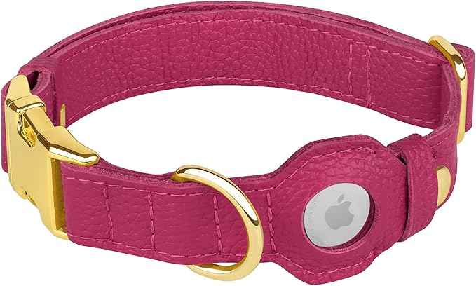 Leather Airtag Dog Collar - Soft Tracking Dog Collar with Apple AirTag Holder and Metal Buckle - Safety GPS Pet Collars for Small Medium Large Dogs Puppy Pink Red (Pink, M, 14"-18" Neck Fit)