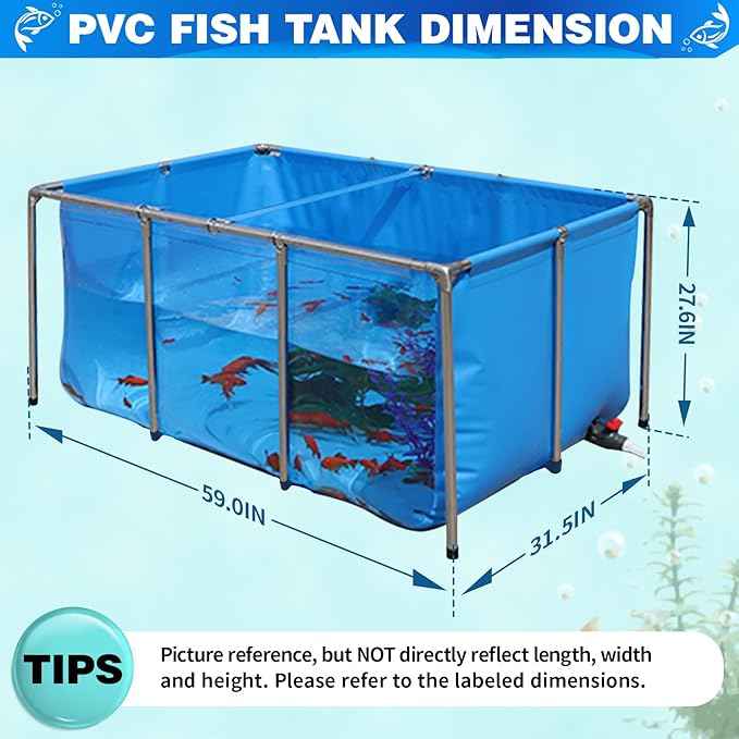 PVC KOI Aquarium Tank, Temporary Fish Tank with Clear Viewing Panel, KOI/Goldfish Pond with 304SS Frame & Drain Valve(59.0" L*31.5" W*27.6" H, About 200Gal Water Capacity)