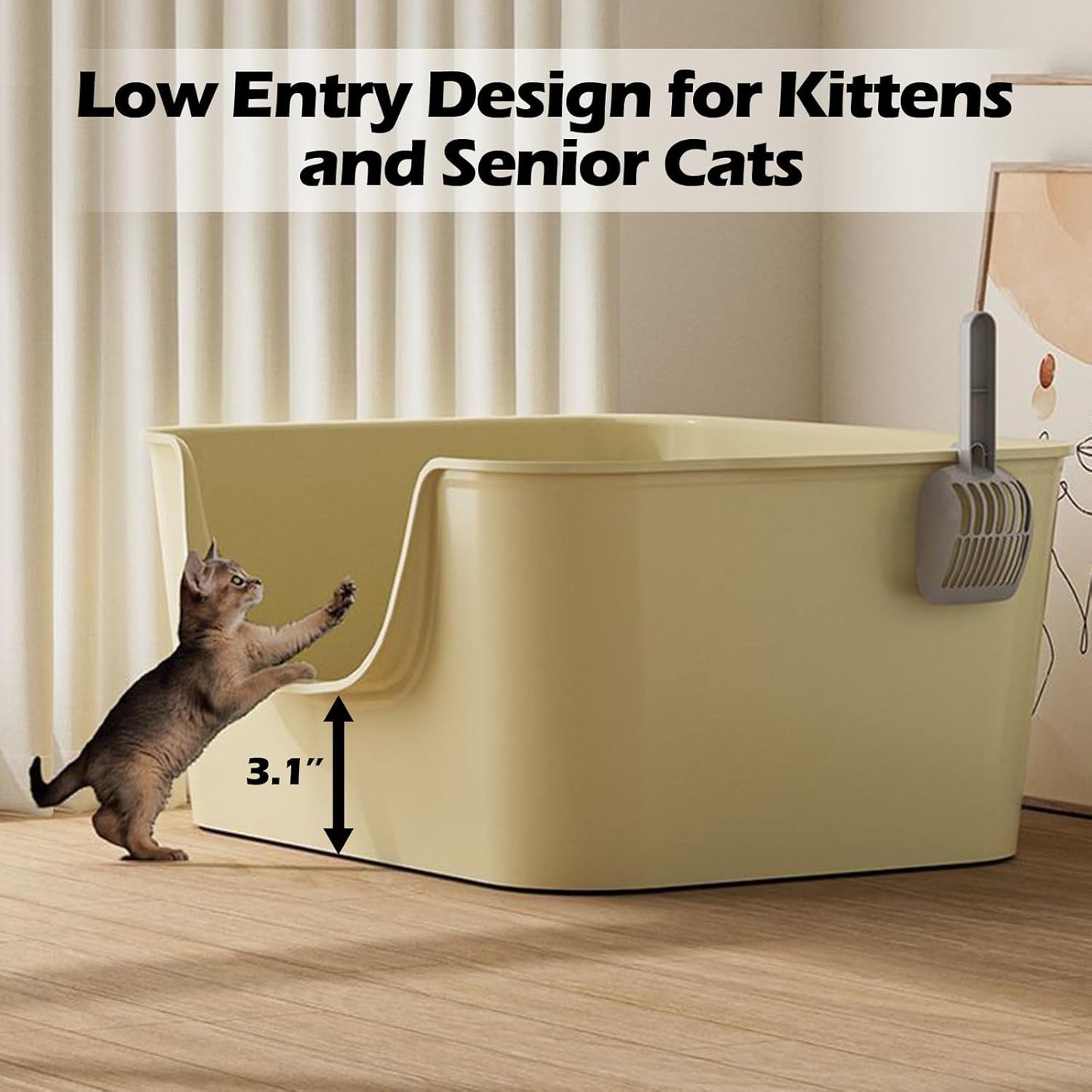 Small Cat Litter Box with High Sides,Cat Boxes for Indoor Cats,Cat Litter Pan for Kitty,Litter Box with Low Entry,Easy to Clean,Anti-Splashing (Beige)