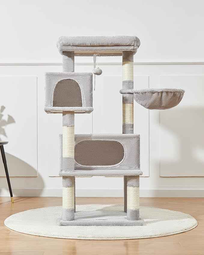 Taoqimiao Cat Tree,49-Inch Cat Tower for Indoor Cats,2 Luxurious cat condo with Adjustable Large Hanging Baskets and Large Luxurious Perch Light Gray MS029LW