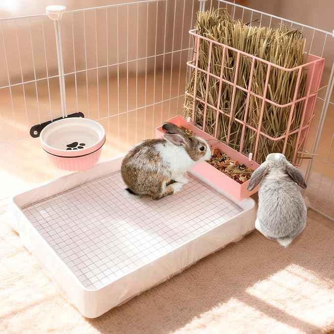 3 in 1 Rabbit Hay Feeder with Litter Box,Upgraded Metal Hay Rack & Litter Tray & Water Bowl,Quick Cleaning,Easy to Install,Bunny Supplies for Rabbit Guinea Pig Chinchilla Small Animals