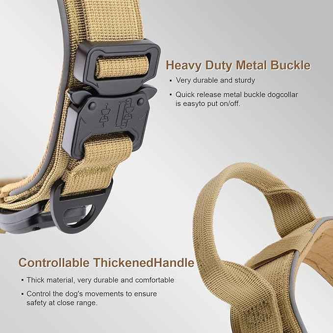 2026 Upgrade Dog Collar with IPX8 Waterproof AirTag Holder,Military Tactical Comfortable Control Handle and Ultra-Durable Metal Buckle/Night Reflective,GPS Collar for Medium to Large Dog（Khaki/L）