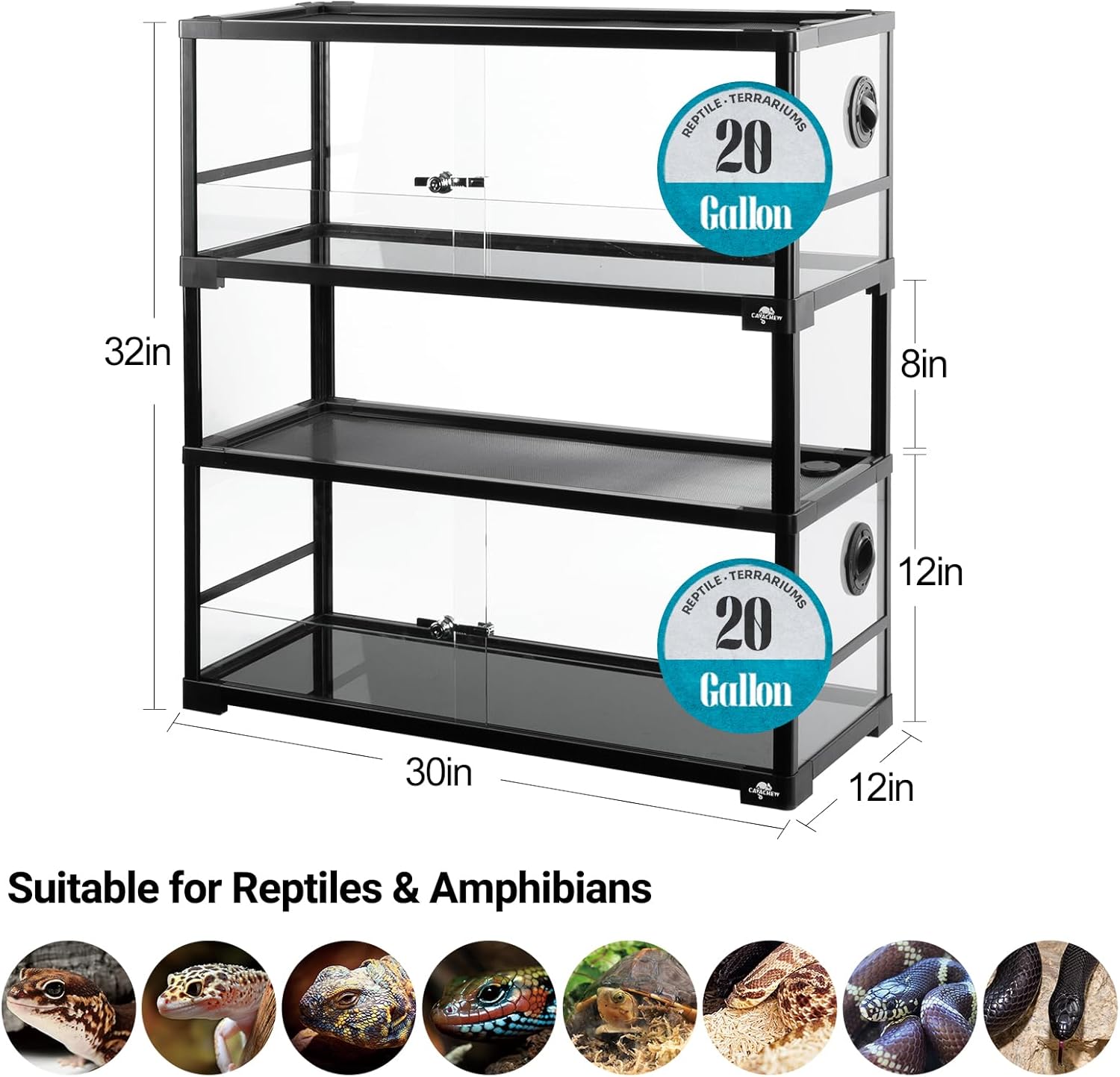 Double Stacked Reptile Tank, 30" x 12" x 32" Tall Reptiles Terrarium, Front Opening, Full Vision, Knock Down, 2 Pack 20 Gallon Glass Cage for Reptile, Bearded Dragon, Lizard, Snake, Gecko - FurryFun