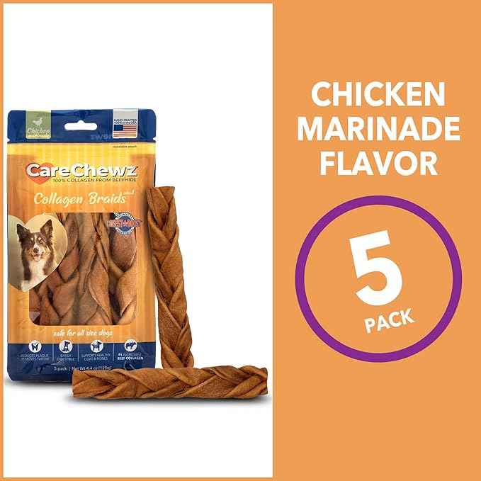 Pet Factory CareChewz Collagen 6-7" Skinny Braided Sticks Dog Chew Treats - Chicken Flavor, 5 Count/1 Pack