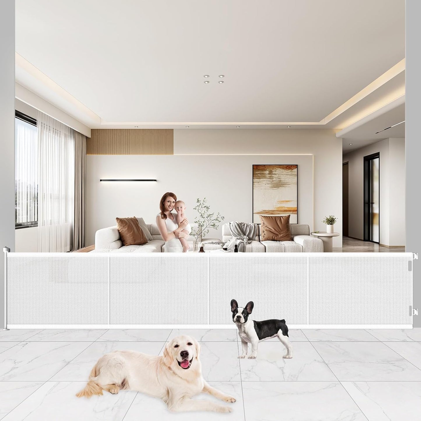 Pawtners Retractable Baby Gates Extra Wide, 41" Tall Extends up to 200" Wide, Dog Gate Indoor for Stairs, Pet Gate with Support Rods for Doorways Hallways Garage Indoor & Outdoor-White