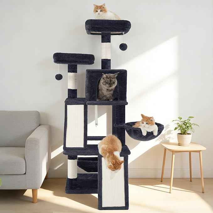 Multi-Level Cat Tree for Indoor Cats, Cat Tower with 2 Scratching Boards, 2 Plush Padding Platforms, Cat Condo House with Hammock, Basket, Smoky Gray GCT022G
