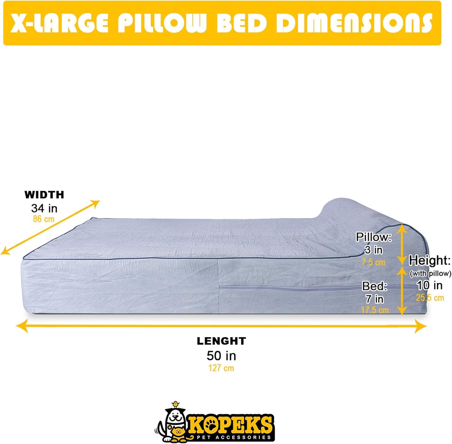 KOPEKS Orthopedic Memory Foam Dog Bed 7" Inch Thick Extra Large Dog Bed With Pillow Grey 50"x34"x10" Includes Waterproof Liner and Durable Removable Cover With Smart Design
