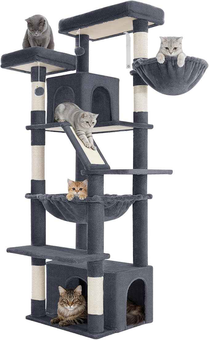 Large Cat Tree, 72 Inch Tall Indoor Cat Tower for 6 Large Cats, Corner Climbing Activity Pet Condo with 2 Large Platforms/2 Cats House/6 Scratching Post/1 Hanging Basket, Dark Gray MS18318SG