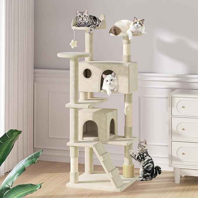 MoNiBloom 70 Inch Cat Tree Tower for Indoor Cats Large Adults, Tall Cat Tower with Scratching Post, Multi-Level Furniture Activity Center with Cat Condo Pet Play House, Beige