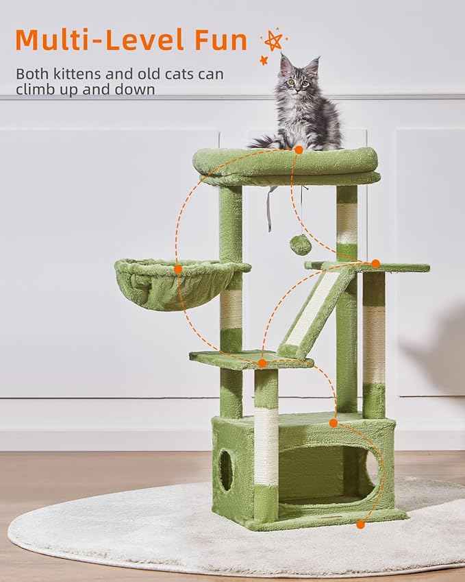 Taoqimiao Cat Tree,38.5-Inch Cat Tower for Indoor Cats,Suitable for Kittens with Luxurious cat condo with Adjustable Baskets and Luxurious Perch MS029SGR Green