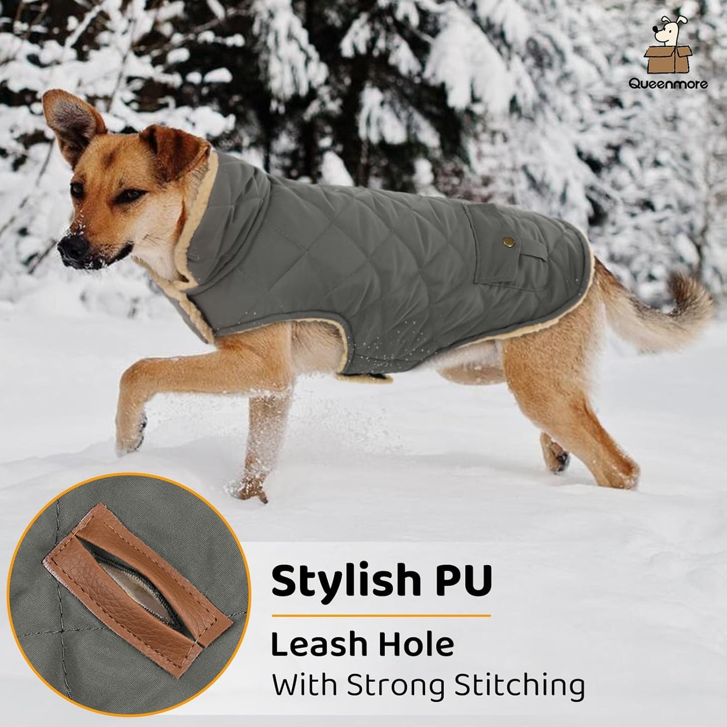 Queenmore Dog Winter Coat - Fleece Jacket, Waterproof Cold Weather Clothes, Thick Warm Cotton Padding, Easy On Storage Pockets (Grey, Medium)