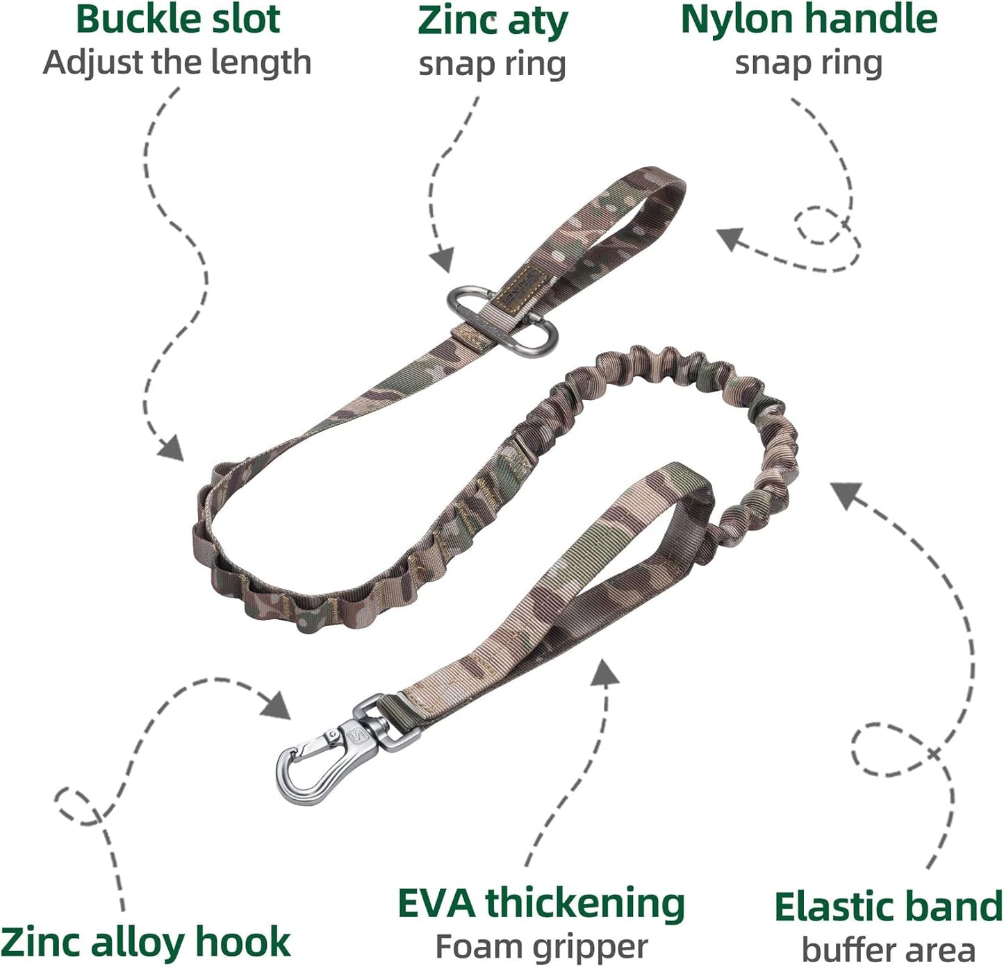 EXCELLENT ELITE SPANKER Bungee Dog Leash Tactical Nylon Adjustable Tactical No Pull Leads Rope for Dogs Quick Release Military Rope with 2 Control Handle (MCP)