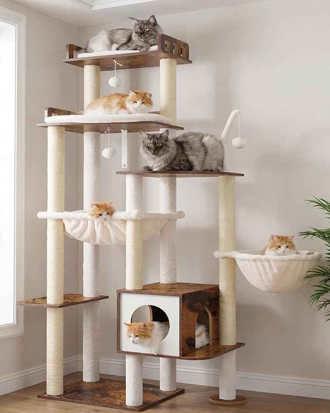 Heybly Cat Tree, 70.5 Inch Wood Tall Cat Tower for Large Indoor Cats with Extra Stable Structure, Modern Cat Furniture with All-Sisal Scratching Posts, Cat Condo & Hammocks, Rustic Brown HCT121SR