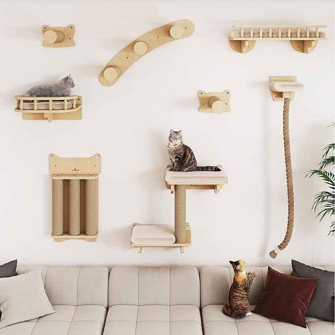 BYBYME 8 Pcs Cat Wall Climbing Set, Wood Cat Furniture with Scratching Posts, Kitten Perch, 100CM Sisal Rope & Cat Bed, Wall Mounted Cat Shelves for Sleeping, Playing & Relaxing（Natural Wood）