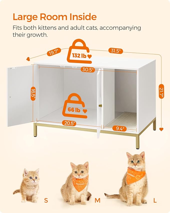 Feandrea Cat Litter Box Enclosure, Hidden Litter Box Furniture with Scratch Pad, Front Entry, Double Cabinet Doors, Modern Style, 31.5" Cat House Washroom Side End Table, White and Gold