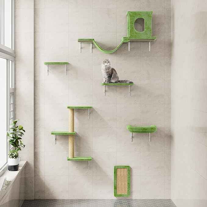 NUNU LAB Wall Mounted Cat Wall Shelves, 12-in-1 Cat Wall Climber with Condos House, Scratching Post, Bridge Ladder, Indoor Space-Saving Furniture for Kittens Play, Green