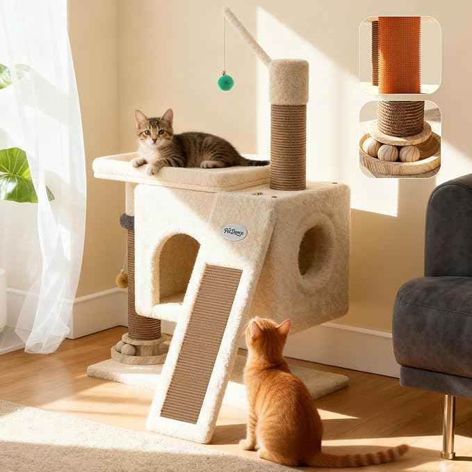 PetDance 37in All-in-1 Small Cat Tree for Indoor Cats | Space-Saving Cat Tower with Cozy Condo, Cat Window Perch, Sisal Scratching Posts, Interactive Ball Track Toy & Self-Grooming Brush,Beige