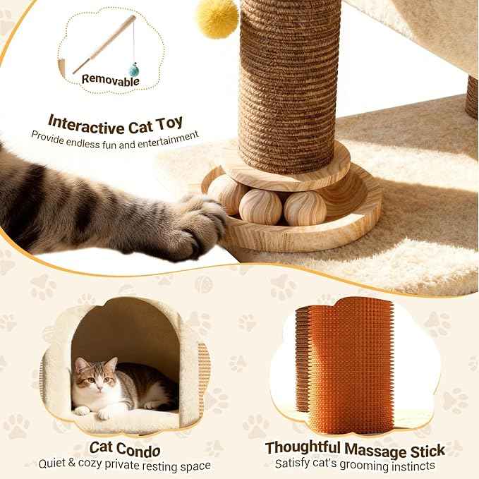PetDance 37in All-in-1 Small Cat Tree for Indoor Cats | Space-Saving Cat Tower with Cozy Condo, Cat Window Perch, Sisal Scratching Posts, Interactive Ball Track Toy & Self-Grooming Brush,Beige