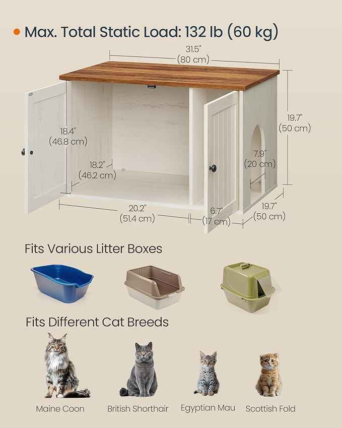 SONGMICS HOME Litter Box Enclosure, Superfast Toolless Assembly, Cat Litter Box Furniture, Push-to-Open Doors, Indoor Cat House, Rustic White and Honey Brown UPCL233WJ04S
