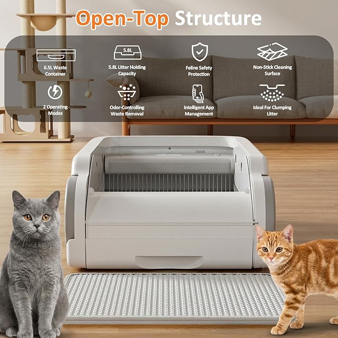 Open-Top Automatic Litter Box Self Cleaning Cat Litter Box Self-Cleaning Robot for Large Cats with Safety Sensors and APP Control