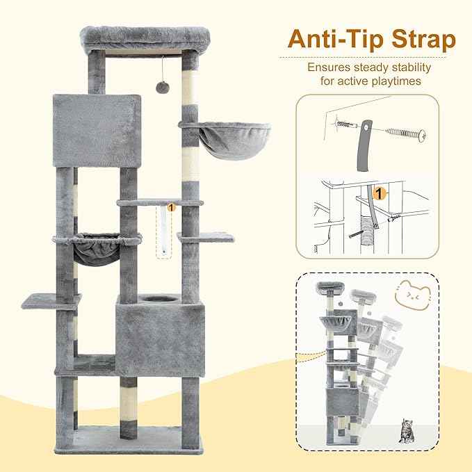Heybly Cat Tree, 76-Inch Tall Heavy Duty Cat Tower for Big Cats with Extra Wide Baseboard, Multi-Level Large Cat Furniture with 2 Condos & 2 Hammocks, 10 Scratching Posts, Light Gray HCT039W