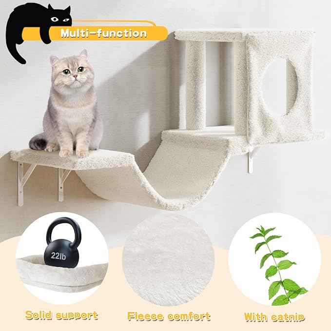 NUNU LAB Wall Mounted Cat Wall Shelves, 12-in-1 Cat Wall Climber with Condos House, Scratching Post, Bridge Ladder, Indoor Space-Saving Furniture for Kittens Play, Beige