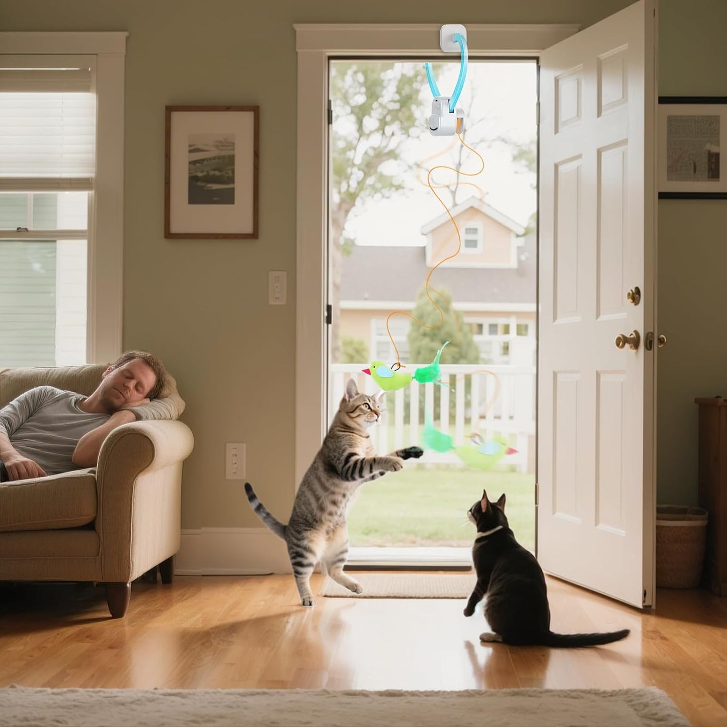 Interactive Cat Toys for Indoor Cats Automatic Electric Flying Bird Feather Wand Toy - Best Kitten & Adult Cat Enrichment Stimulation Toy Hanging Electric Kitty Toys for Bored Cats（Blue White）