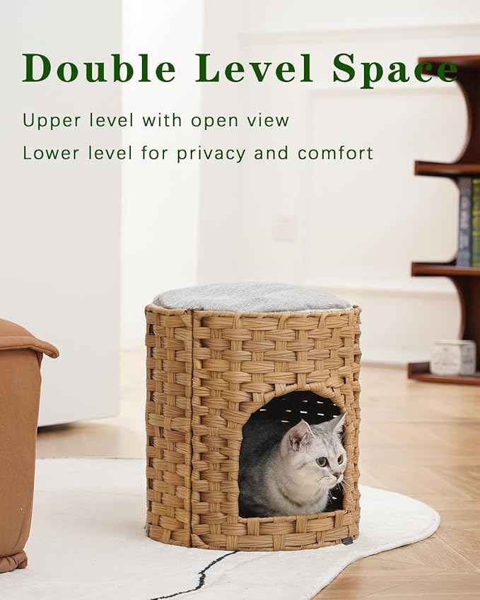 Cat House for Indoor Cat, Small Cat Houses Handwoven PE Rattan Kitten Cave, Pet Kitten Bed Covered, One Bed Pad, 13 x 13 x 13.7 Inches, Foldable Hideaway in Living Room Gray