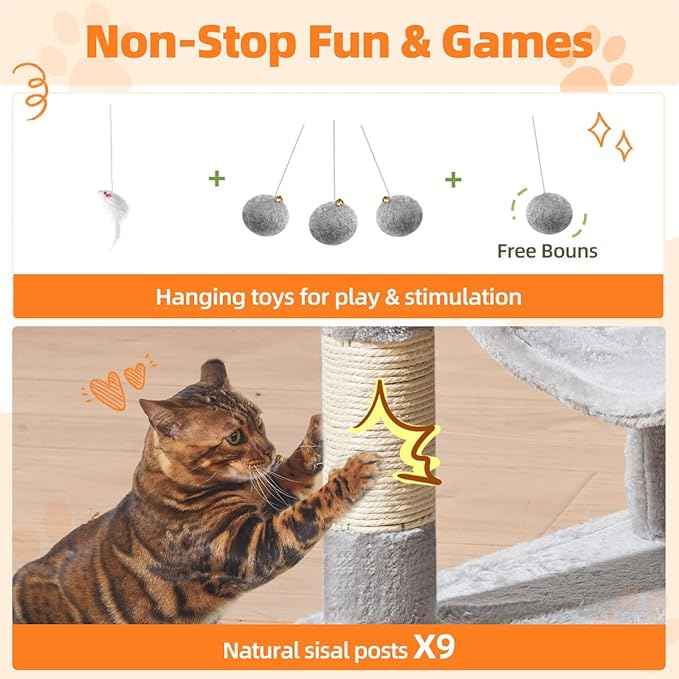 Taoqimiao Large Cat Tree，73-Inch Cat Tree Tower with 9 Scratching Posts for Indoor Cats, 2 Large Cat Condo with Hammock, Hanging Basket, 2 Extended Platform, Light Gray MS013XLW