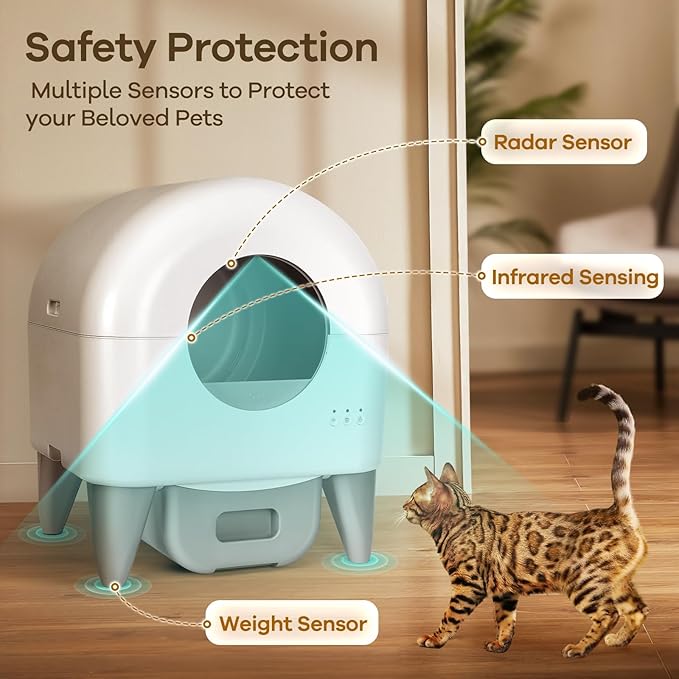 Automatic Cat Litter Box Self Cleaning Litter Box Large Capacity for Multiple Cats, App Control with Safety Sensors, Removable Washable Liner,2 Rolls Garbage Bags,Grey