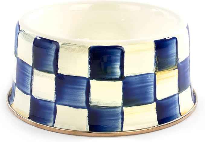 MACKENZIE-CHILDS Pet Bowl, Cute Cat and Dog Bowl for Food and Water, Blue-and-White Royal Check, Medium