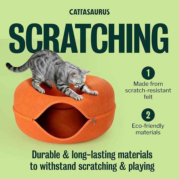 Cattasaurus Peekaboo Cat Cave Donut for Multiple & Large Cats up to 30-45 lbs, 3-in-1 Self Warming Cat Bed, Tunnel & Scratcher for Indoor Cats, Washable & Detachable Small Dog Bed (Orange, Large)