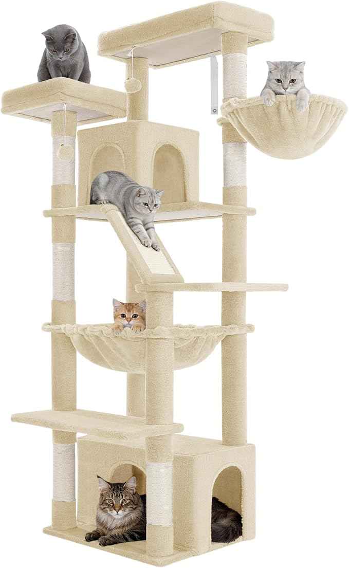 Large Cat Tree, 72 Inch Tall Indoor Cat Tower for 6 Large Cats, Corner Climbing Activity Pet Condo with 2 Large Platforms/2 Cats House/6 Scratching Post/1 Hanging Basket, Beige MS18318YG