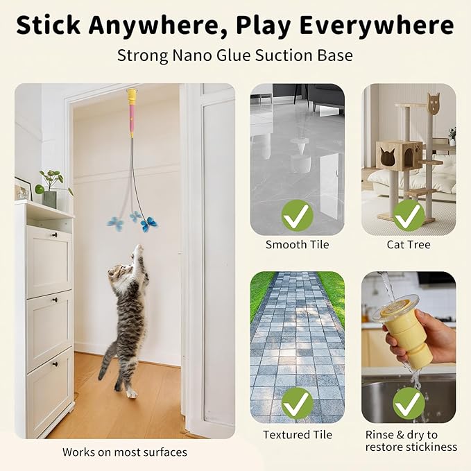 Interactive Cat Toys for Indoor Cats, Automatic Cat Wand Toy Enrichment for Bored Kitten, Spin Butterfly with Self-Holding Suction Base, Rechargeable Electric Moving Feather Stimulating Toy
