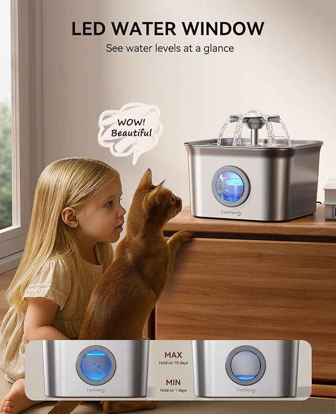 Stainless Steel Cat Water Fountain, 2.8L with 20dB Ultra-Quiet Pump- Ideal for Timid Pets, LED Water Level Window, Dishwasher Safe, 24/7 Circulation- Includes 3 Replacement Filters