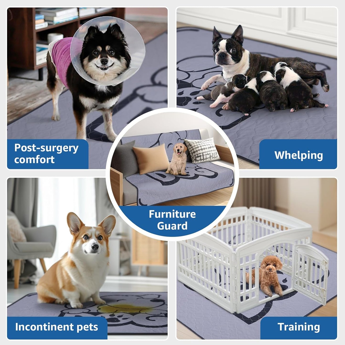 2 Pack Washable Puppy Pads for Dogs: 41x41In Reusable Pee Pads with Absorbent Whelping Features - Waterproof Non-Slip Dog Rug Protector for Potty Training, Beds, Couches, and Carpets, Gray