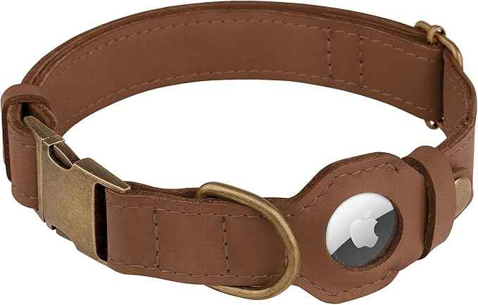 AirTag Dog Collar - Genuine Leather Dog Collar with Apple AirTag Holder and Metal Buckle - Smart GPS Tracking Pet Collars (Tawny, S, 12"-15" Neck Fit)