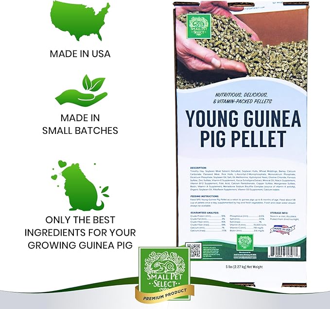 Small Pet Select Young Guinea Pig Pellet Food, Pellets, Treats for Guinea Pigs High Fiber Timothy Hay Based Formula, 5lb