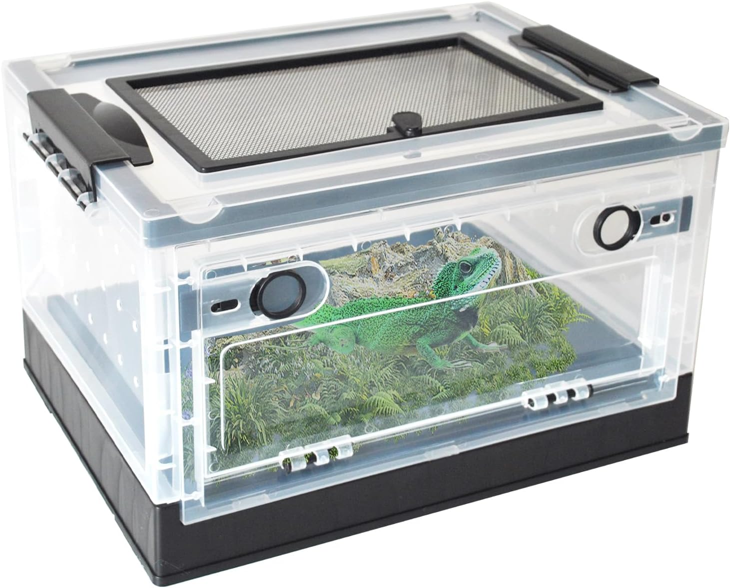 PINVNBY Plastic Reptile Feeding Box with Wheels,Reptiles Breeding Enclosure Cages Transparent Amphibians Habitat Terrarium Tank Portable Transport Container for Lizard,Bearded Dragon(Black) - FurryFun