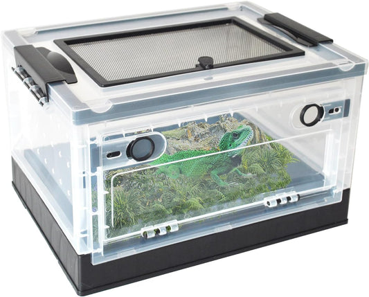 PINVNBY Plastic Reptile Feeding Box with Wheels,Reptiles Breeding Enclosure Cages Transparent Amphibians Habitat Terrarium Tank Portable Transport Container for Lizard,Bearded Dragon(Black) - FurryFun