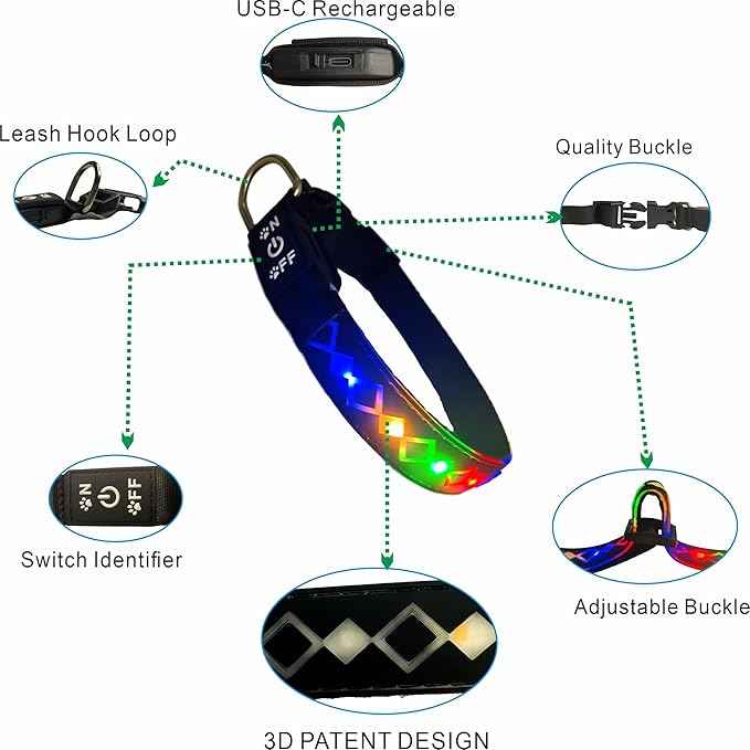 LED Dog Collar with AirTag Holder and Custom ID Tag, 15 Light Modes, Waterproof, Multiple Colors (BLACK Pro, S(7.87-11.8"))