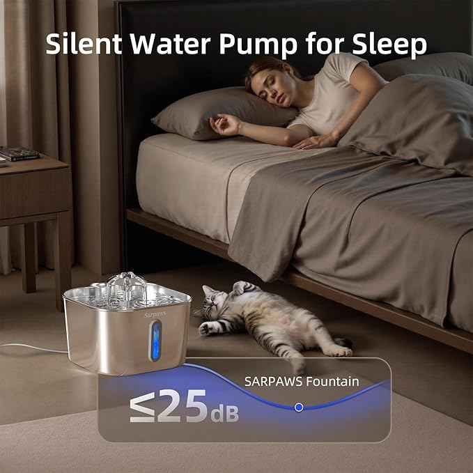 Cat Water Fountain Stainless Steel：74oz/2.2L Water Fountains for Cats Indoor, Cat Fountains for Drinking, Ultra-Quiet, Water Level Window, Pet Water Fountain - 2 Filters + 2 Sponges