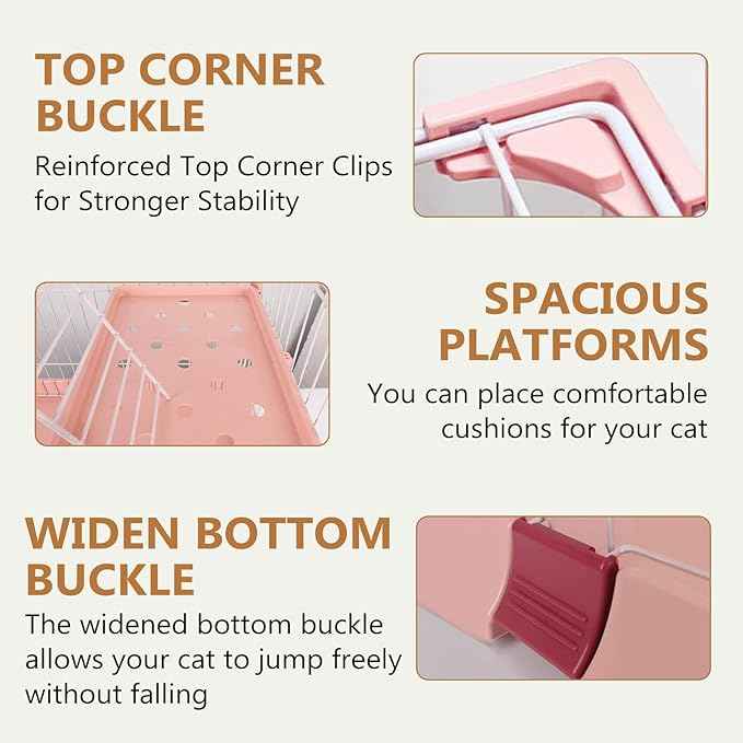 Cat Cage 3-Tier Indoor Cat Enclosure with Widen Bottom Buckle & Reinforced Locking Clamps DlY Cat Playpen for 2-3 Cats & Small Pets,33" Lx 24" W X 64" H (Pink, Three-Tier64)
