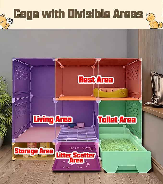 Cat Cage Cat Enclosure with Litter Box & Clear Sliding Door, Expandable Cat Playpen, Detachable Metal, Cat Cage Indoor and Outdoor, Ferret Cage