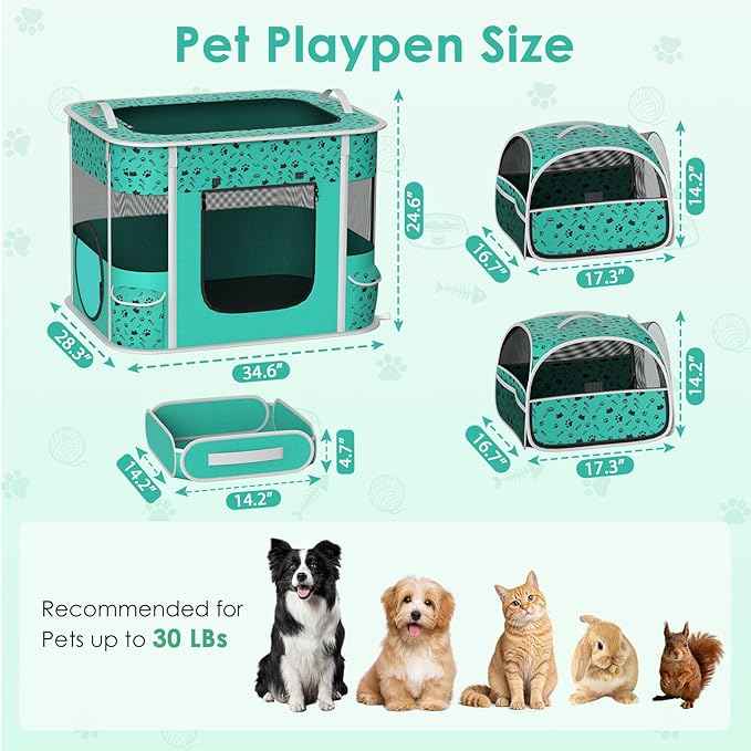 Cat Playpen - Portable Dog Playpen with Litter Box, Foldable Soft Dog Crate for Indoor/Outdoor, Pop Up Cat Enclosure, Collapsible Puppy Kitten Rabbit Cage Tent，3-Room