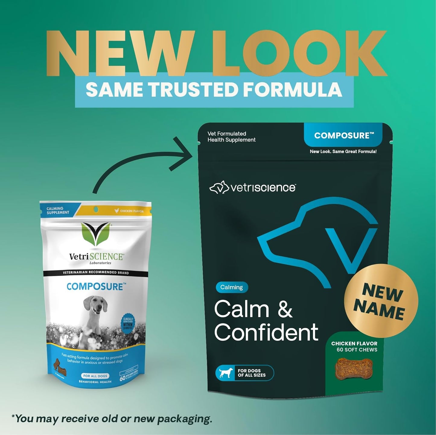 VetriScience Calm & Confident Chews, Composure Clinically Tested Calming and Anxiety Supplement for Dogs, Reduce Stress and Fear, Ideal for Thunderstorms, Fireworks and Travel, Chicken, 60 Count