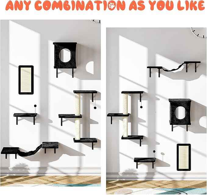 NUNU LAB Wall Mounted Cat Wall Shelves, 10-in-1 Cat Wall Climber with Kitten House, Bridge, Steps, Scratcher, Indoor Space-Saving Furniture for Kittens Play, Black