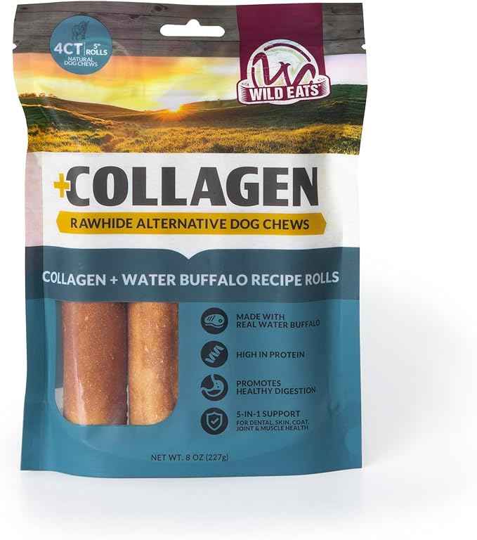 Wild Eats Water Buffalo Flavor Collagen Retriever Style Cheek Rolls 5" Dog Chews-4 Pack (Long Lasting Dog Chews Treats & Bones for Medium Dogs) Substitute for Pig Ears for Dogs