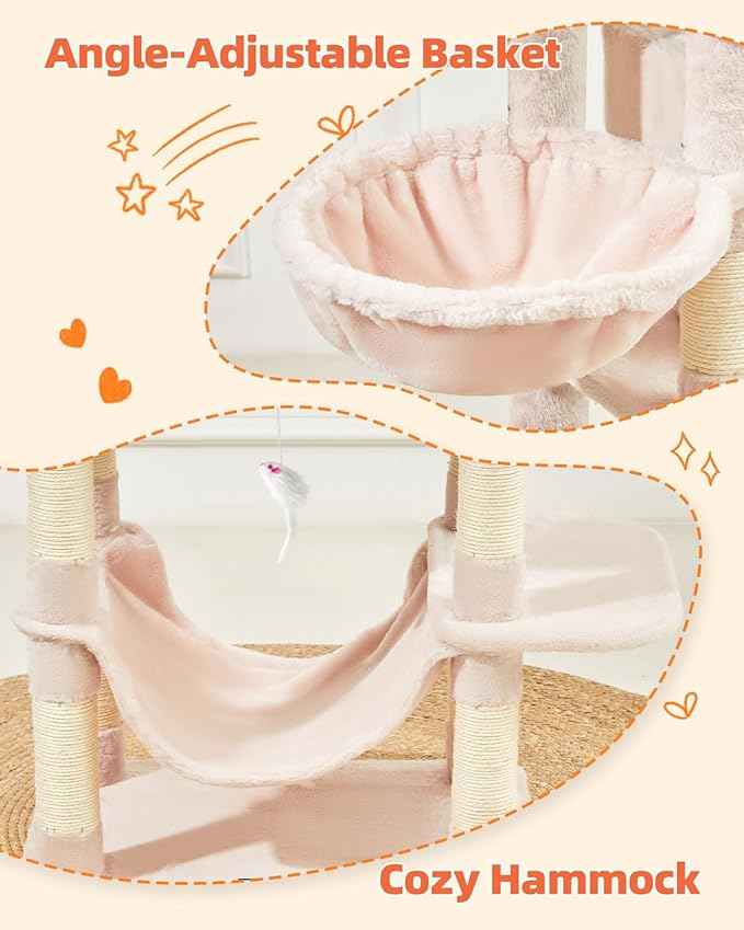 Taoqimiao Cat Tree, 66.2-Inch Cat Tower for Indoor Cats, Plush Multi-Level Cat Condo with 12 Scratching Posts, 2 Perches, 2 Caves, Hammock, 2 Pompoms, Jelly Pink MS013P